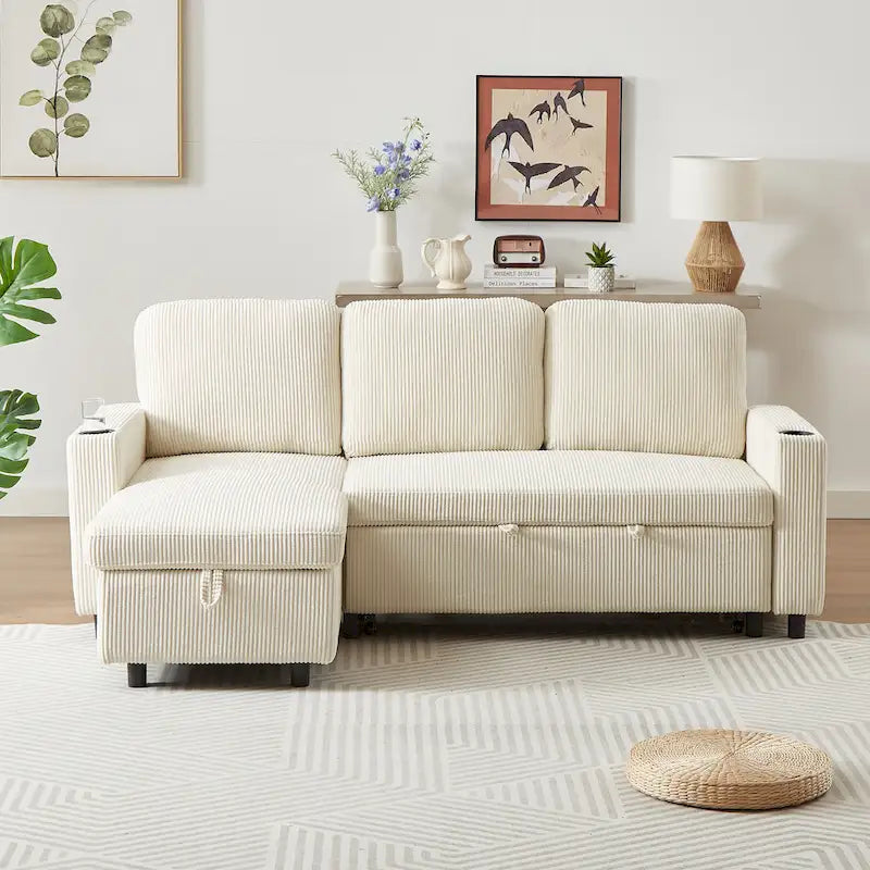 78.8 Reversible Sleeper Sofa with Pullout Bed, Comfortable Linen L-Shaped Sofa Sofa Bed, Living Room Furniture S