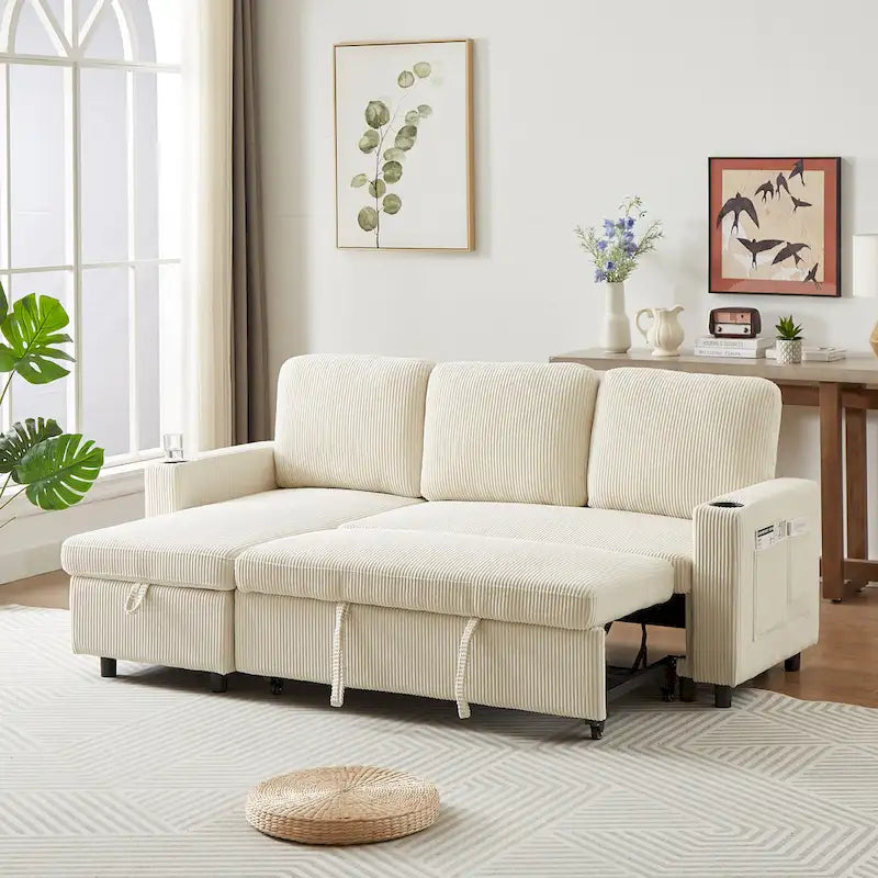 78.8 Reversible Sleeper Sofa with Pullout Bed, Comfortable Linen L-Shaped Sofa Sofa Bed, Living Room Furniture S