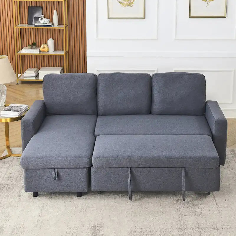 78.8 Reversible Sleeper Sofa with Pullout Bed, Comfortable Linen L-Shaped Sofa Sofa Bed, Living Room Furniture S