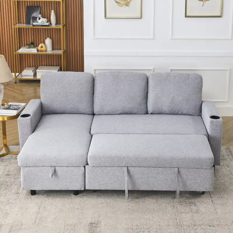78.8 Reversible Sleeper Sofa with Pullout Bed, Comfortable Linen L-Shaped Sofa Sofa Bed, Living Room Furniture S