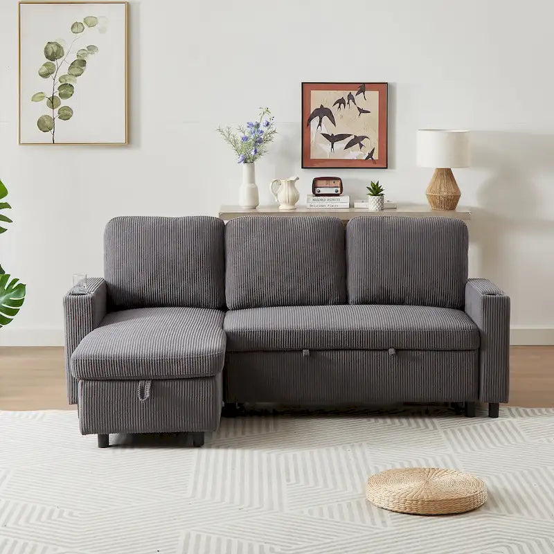 78.8 Reversible Sleeper Sofa with Pullout Bed, Comfortable Linen L-Shaped Sofa Sofa Bed, Living Room Furniture S