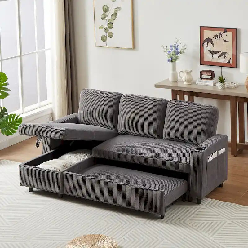 78.8 Reversible Sleeper Sofa with Pullout Bed, Comfortable Linen L-Shaped Sofa Sofa Bed, Living Room Furniture S
