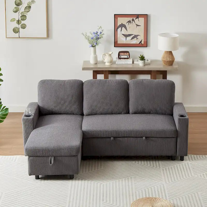 78.8 Reversible Sleeper Sofa with Pullout Bed, Comfortable Linen L-Shaped Sofa Sofa Bed, Living Room Furniture S