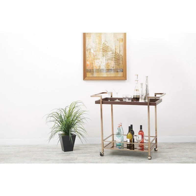 Champagne Metal Wine Cart With Glass Top