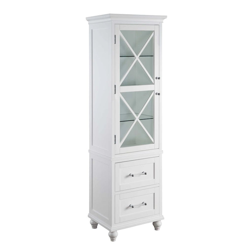 White Linen Tower with Two Drawers and Chrome Hardware