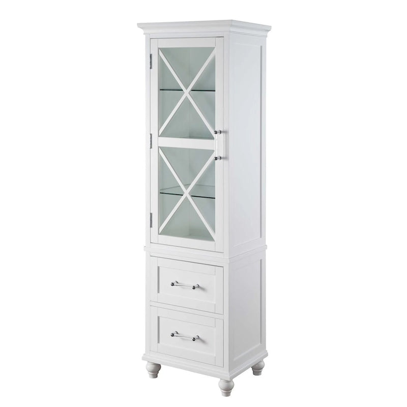 White Linen Tower with Two Drawers and Chrome Hardware