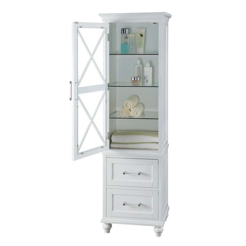 White Linen Tower with Two Drawers and Chrome Hardware