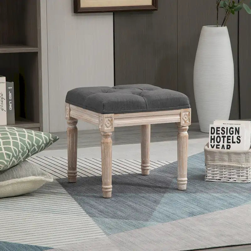 15.75 Vintage Ottoman, Tufted Foot Stool with Upholstered Seat, Rustic Wood Legs for Bedroom, Living Room