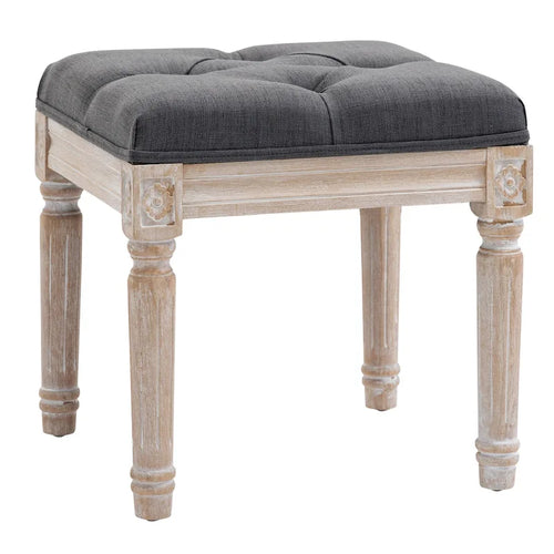 15.75 Vintage Ottoman, Tufted Foot Stool with Upholstered Seat, Rustic Wood Legs for Bedroom, Living Room