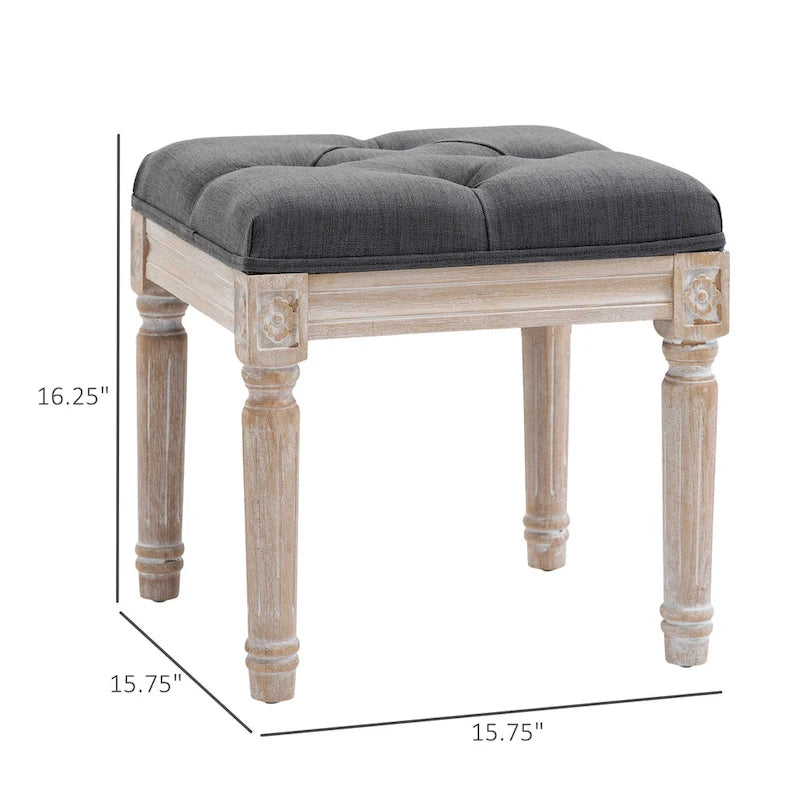15.75 Vintage Ottoman, Tufted Foot Stool with Upholstered Seat, Rustic Wood Legs for Bedroom, Living Room