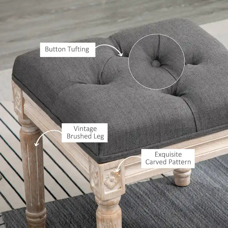 15.75 Vintage Ottoman, Tufted Foot Stool with Upholstered Seat, Rustic Wood Legs for Bedroom, Living Room