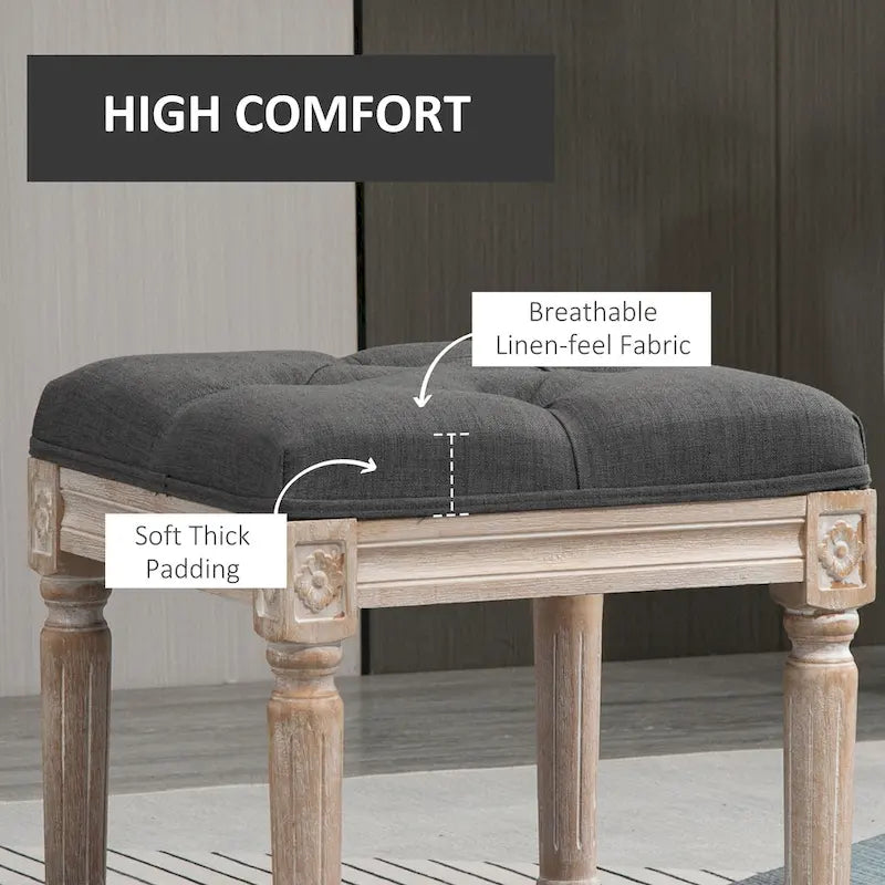 15.75 Vintage Ottoman, Tufted Foot Stool with Upholstered Seat, Rustic Wood Legs for Bedroom, Living Room