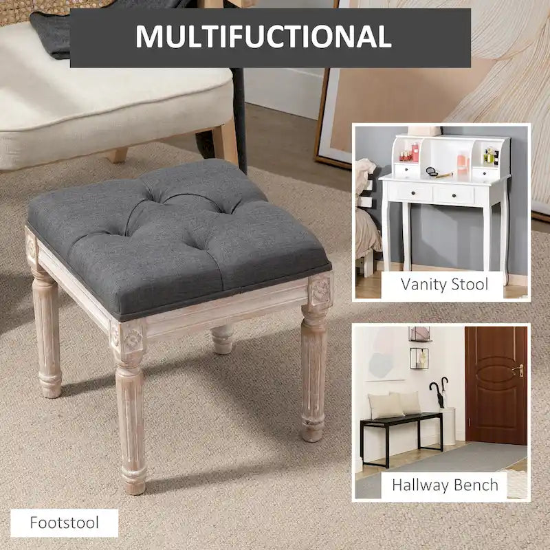 15.75 Vintage Ottoman, Tufted Foot Stool with Upholstered Seat, Rustic Wood Legs for Bedroom, Living Room