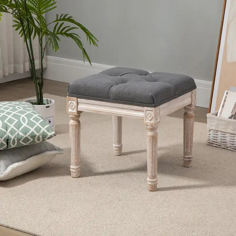 15.75 Vintage Ottoman, Tufted Foot Stool with Upholstered Seat, Rustic Wood Legs for Bedroom, Living Room