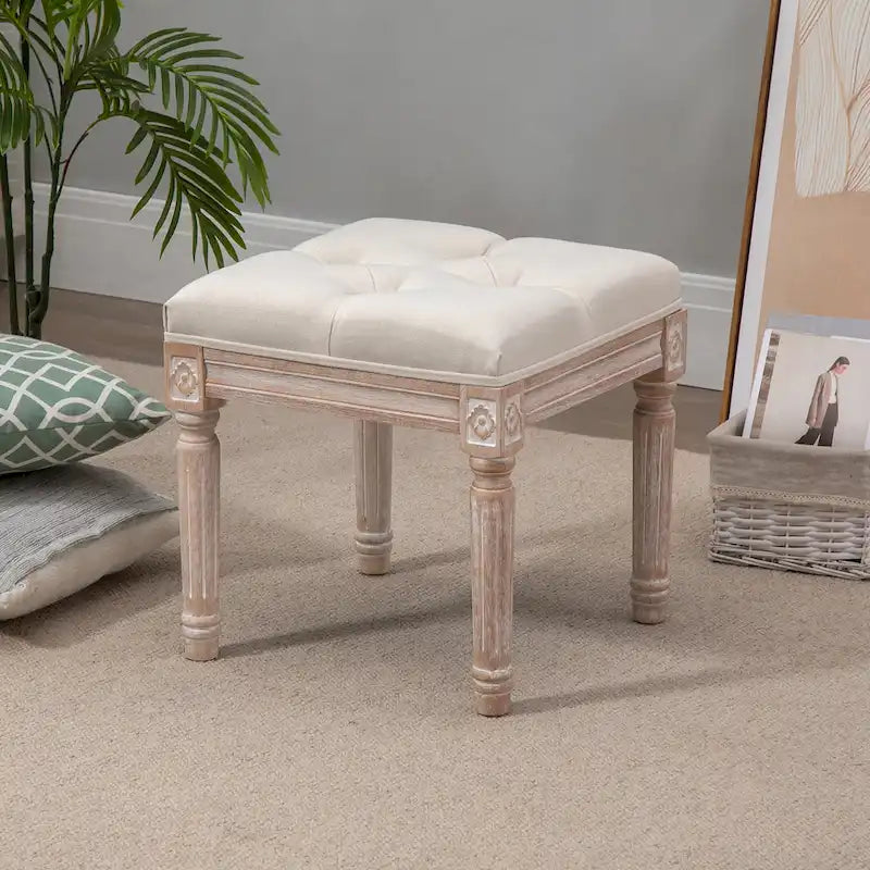 15.75 Vintage Ottoman, Tufted Foot Stool with Upholstered Seat, Rustic Wood Legs for Bedroom, Living Room