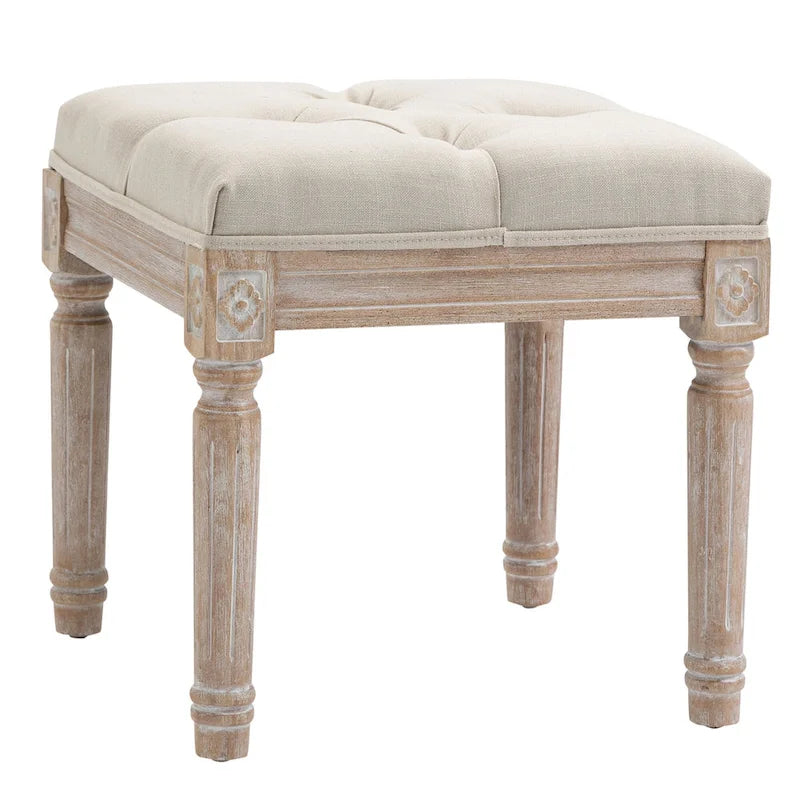 15.75 Vintage Ottoman, Tufted Foot Stool with Upholstered Seat, Rustic Wood Legs for Bedroom, Living Room