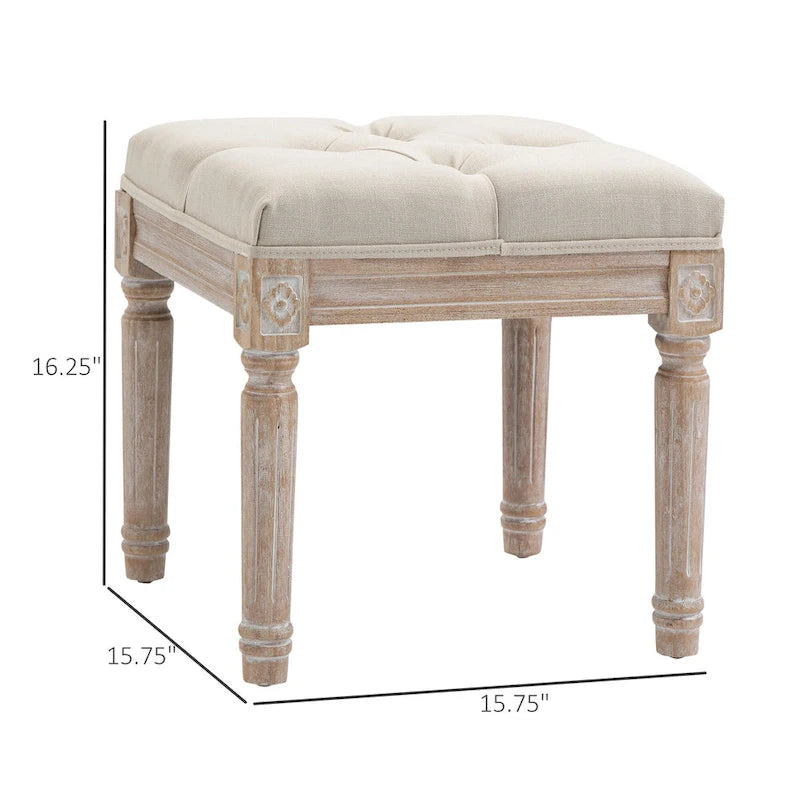 15.75 Vintage Ottoman, Tufted Foot Stool with Upholstered Seat, Rustic Wood Legs for Bedroom, Living Room