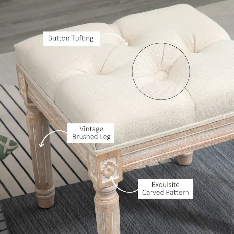 15.75 Vintage Ottoman, Tufted Foot Stool with Upholstered Seat, Rustic Wood Legs for Bedroom, Living Room