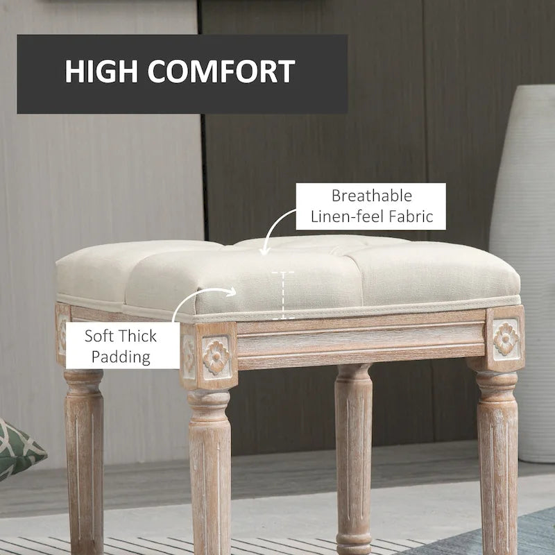 15.75 Vintage Ottoman, Tufted Foot Stool with Upholstered Seat, Rustic Wood Legs for Bedroom, Living Room
