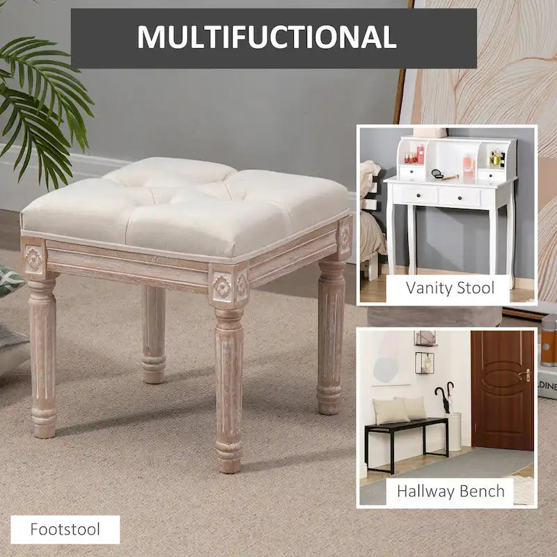 15.75 Vintage Ottoman, Tufted Foot Stool with Upholstered Seat, Rustic Wood Legs for Bedroom, Living Room