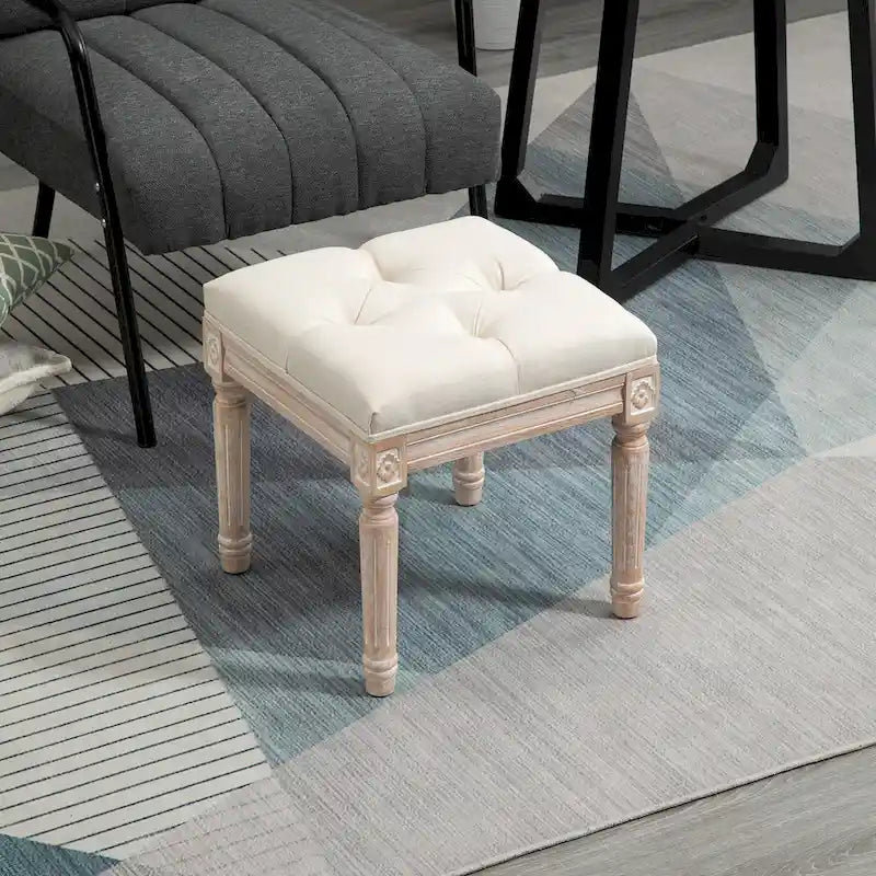15.75 Vintage Ottoman, Tufted Foot Stool with Upholstered Seat, Rustic Wood Legs for Bedroom, Living Room