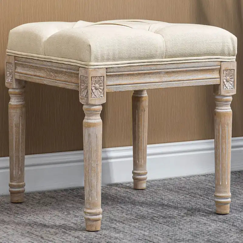 15.75 Vintage Ottoman, Tufted Foot Stool with Upholstered Seat, Rustic Wood Legs for Bedroom, Living Room