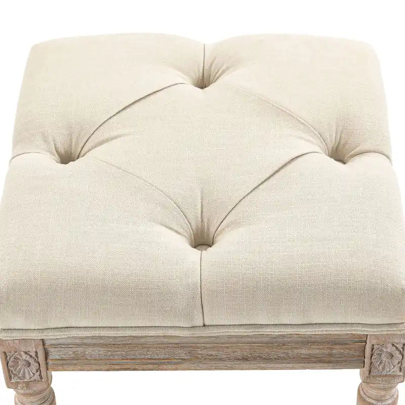 15.75 Vintage Ottoman, Tufted Foot Stool with Upholstered Seat, Rustic Wood Legs for Bedroom, Living Room