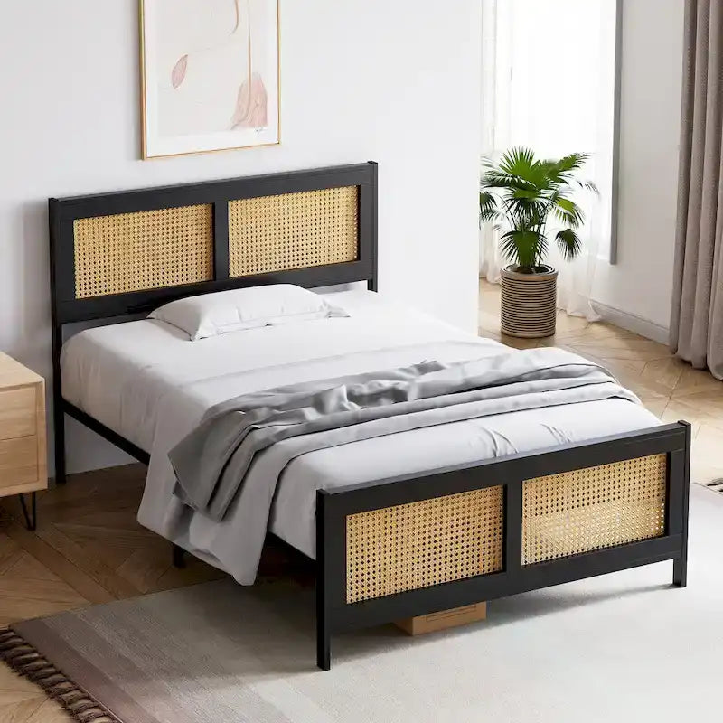 Black Bed Frame with Rattan Headboard and Footboard