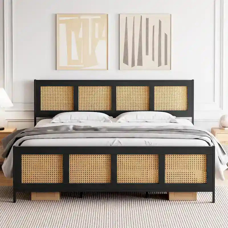 Black Bed Frame with Rattan Headboard and Footboard