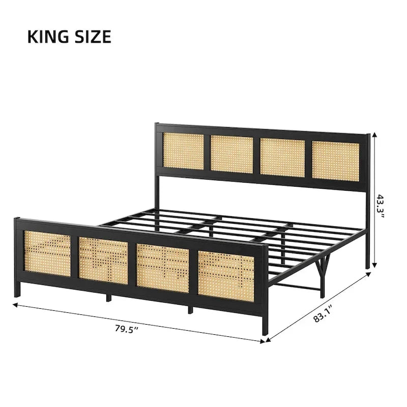 Black Bed Frame with Rattan Headboard and Footboard