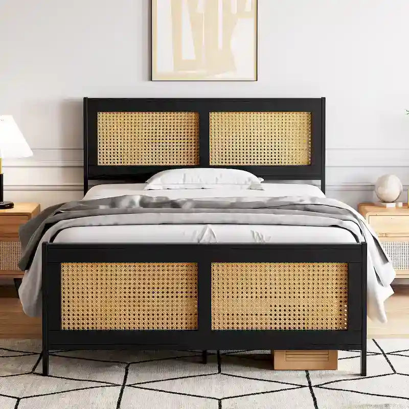 Black Bed Frame with Rattan Headboard and Footboard