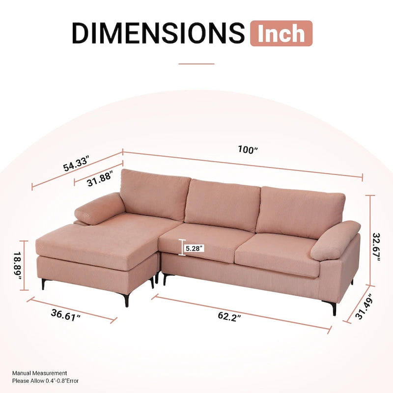 Modern Polyester Convertible Chaise Sofa with Metal Legs for Living Room