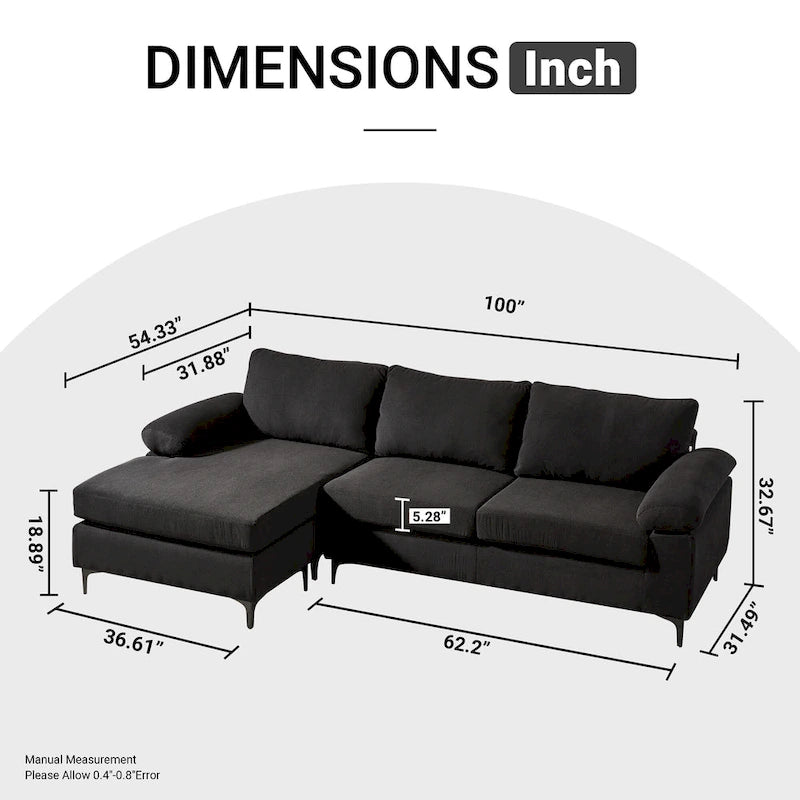 Modern Polyester Convertible Chaise Sofa with Metal Legs for Living Room