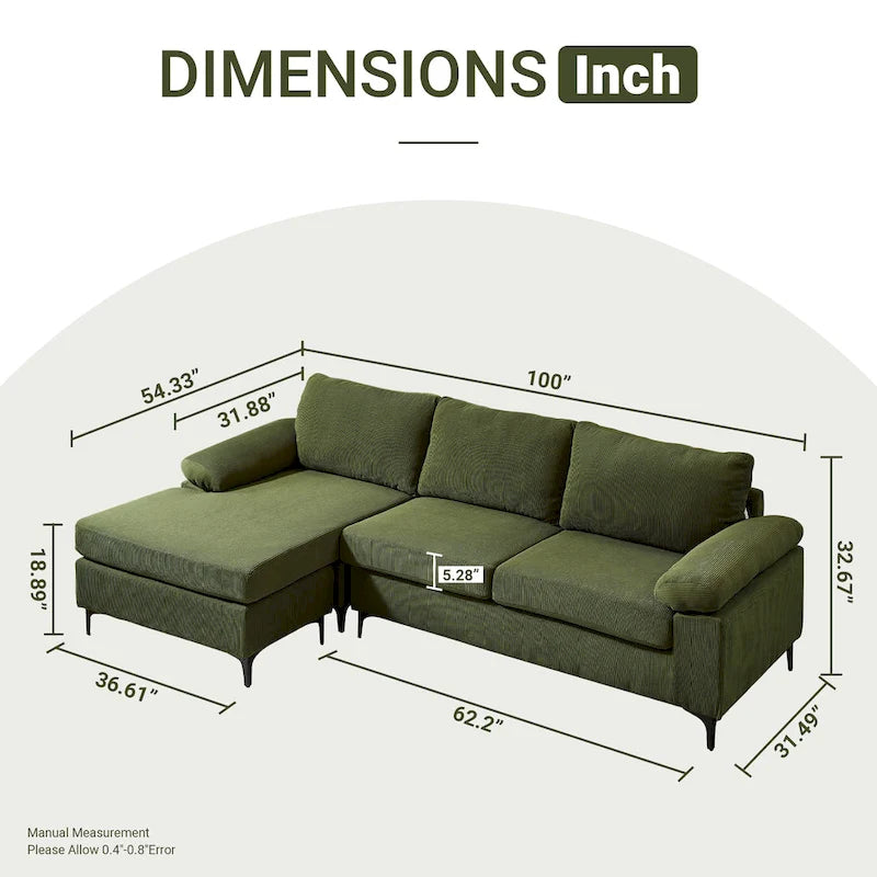 Modern Polyester Convertible Chaise Sofa with Metal Legs for Living Room