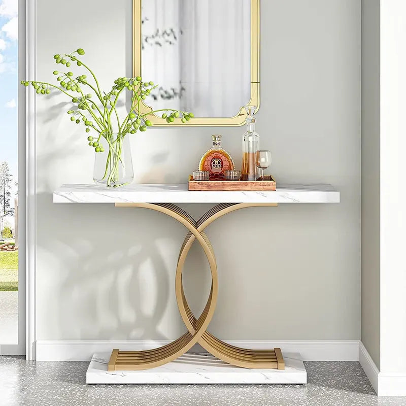 Modern Faux Marble Hallway Table with Geometric 40 Narrow