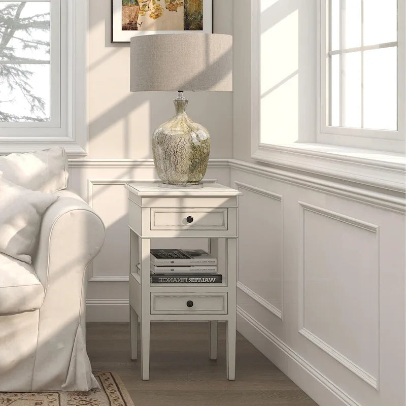 Middle Shelf Wooden Side Table with Two Drawers
