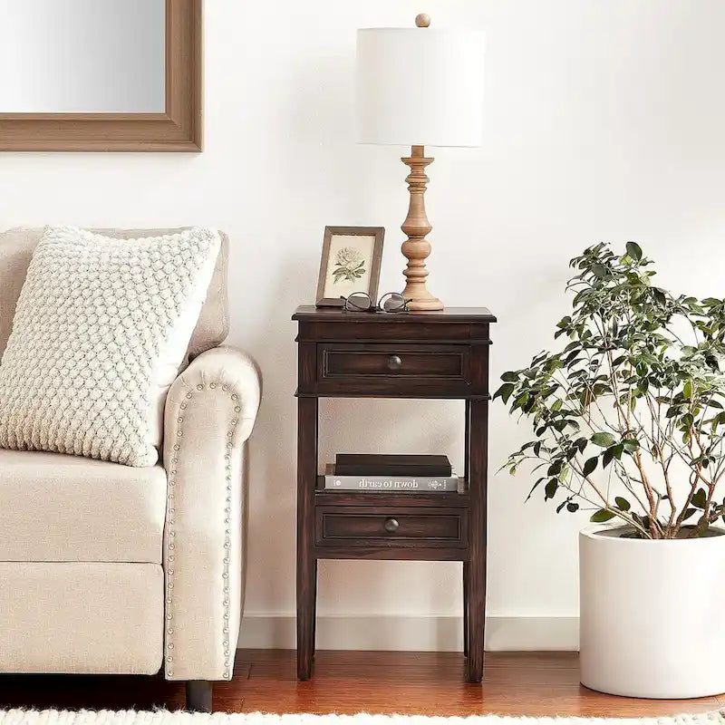 Middle Shelf Wooden Side Table with Two Drawers