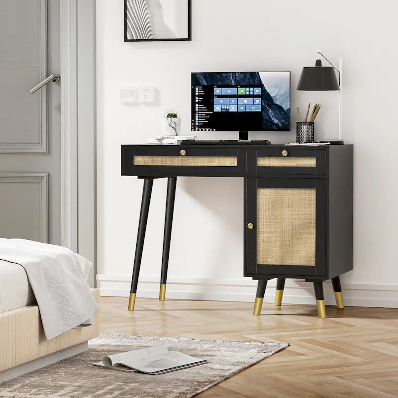 Modern Computer Desk with Drawers Wood Rattan Home Office Desk Writing Desk with File Cabinet