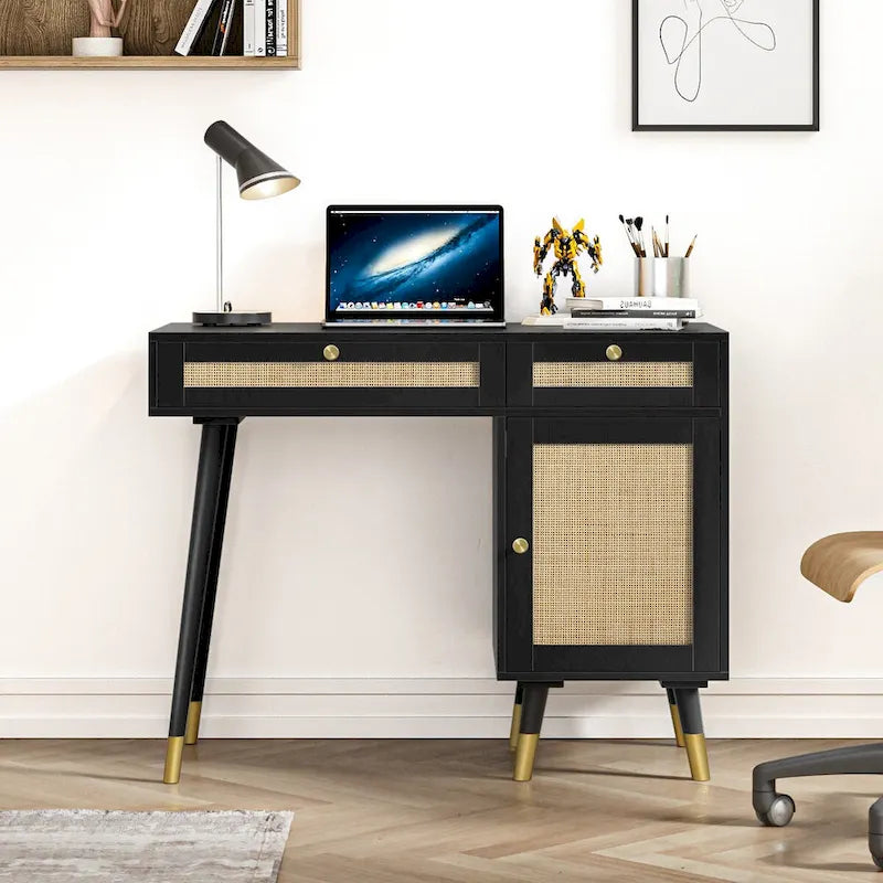 Modern Computer Desk with Drawers Wood Rattan Home Office Desk Writing Desk with File Cabinet