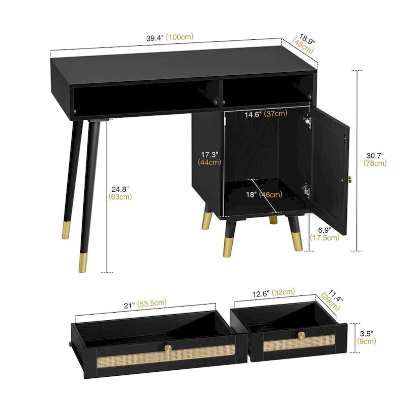Modern Computer Desk with Drawers Wood Rattan Home Office Desk Writing Desk with File Cabinet