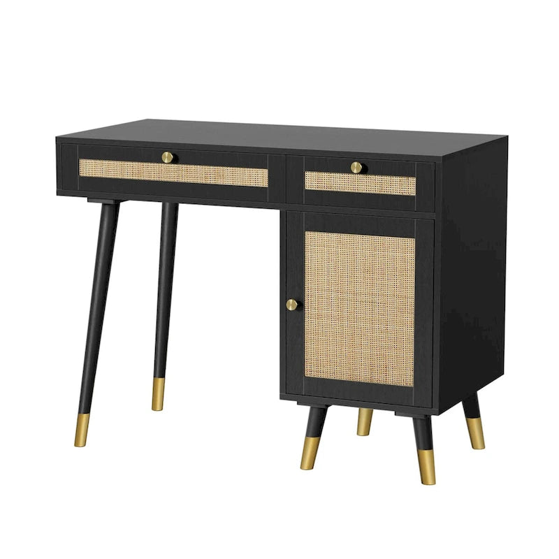Modern Computer Desk with Drawers Wood Rattan Home Office Desk Writing Desk with File Cabinet