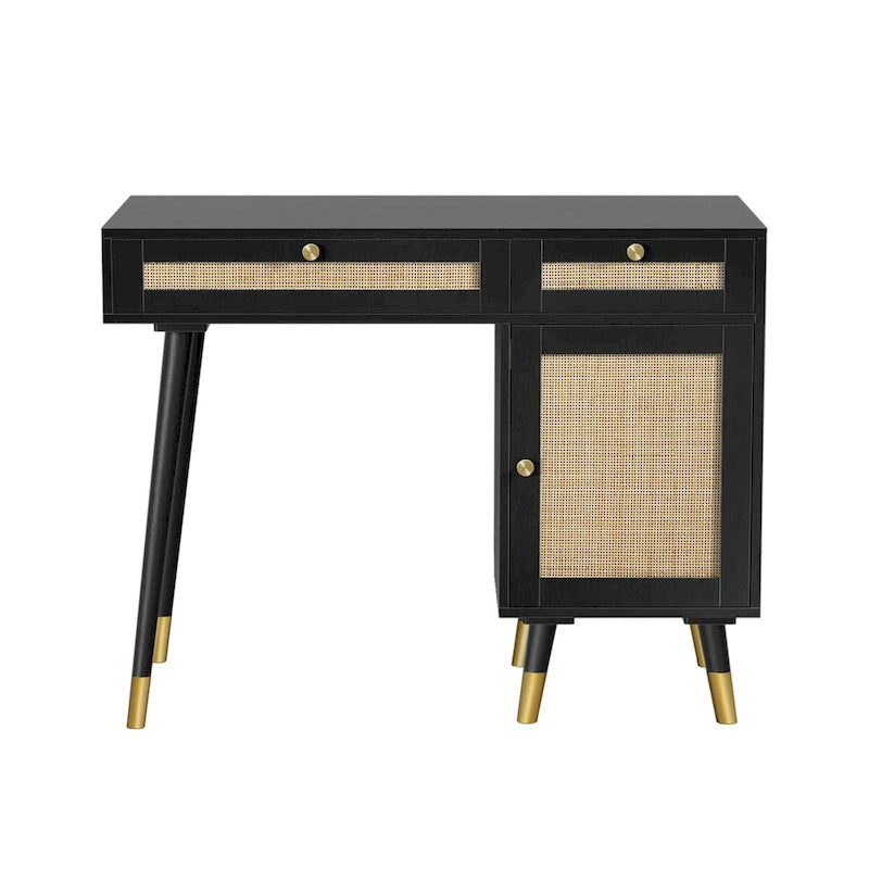 Modern Computer Desk with Drawers Wood Rattan Home Office Desk Writing Desk with File Cabinet