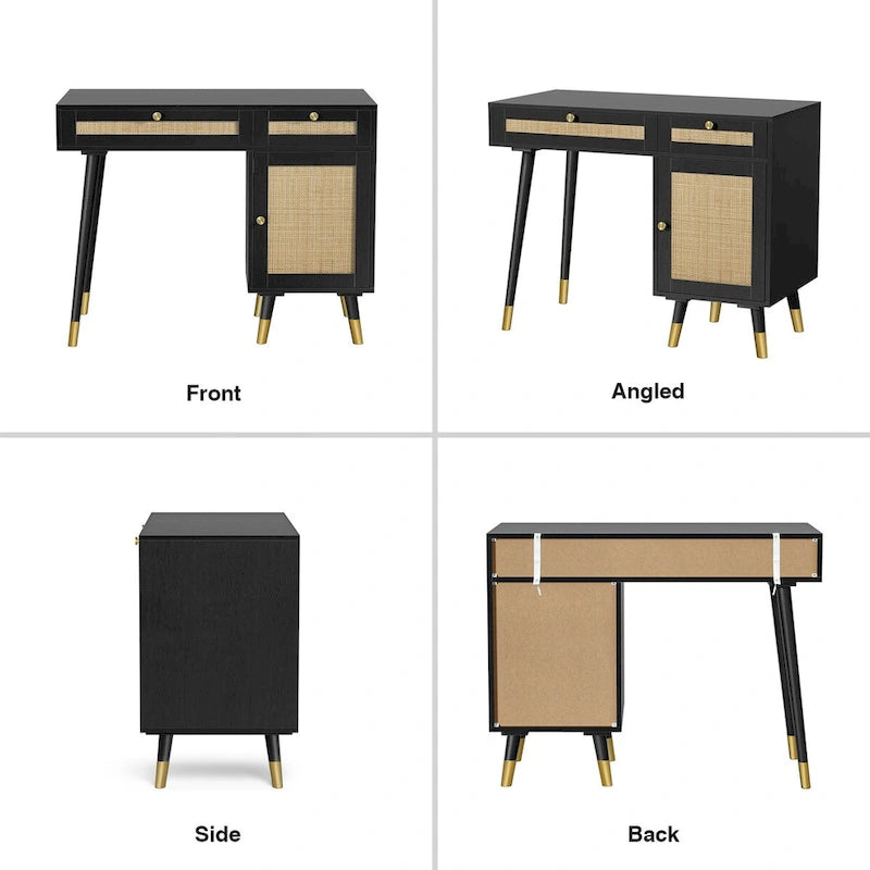 Modern Computer Desk with Drawers Wood Rattan Home Office Desk Writing Desk with File Cabinet